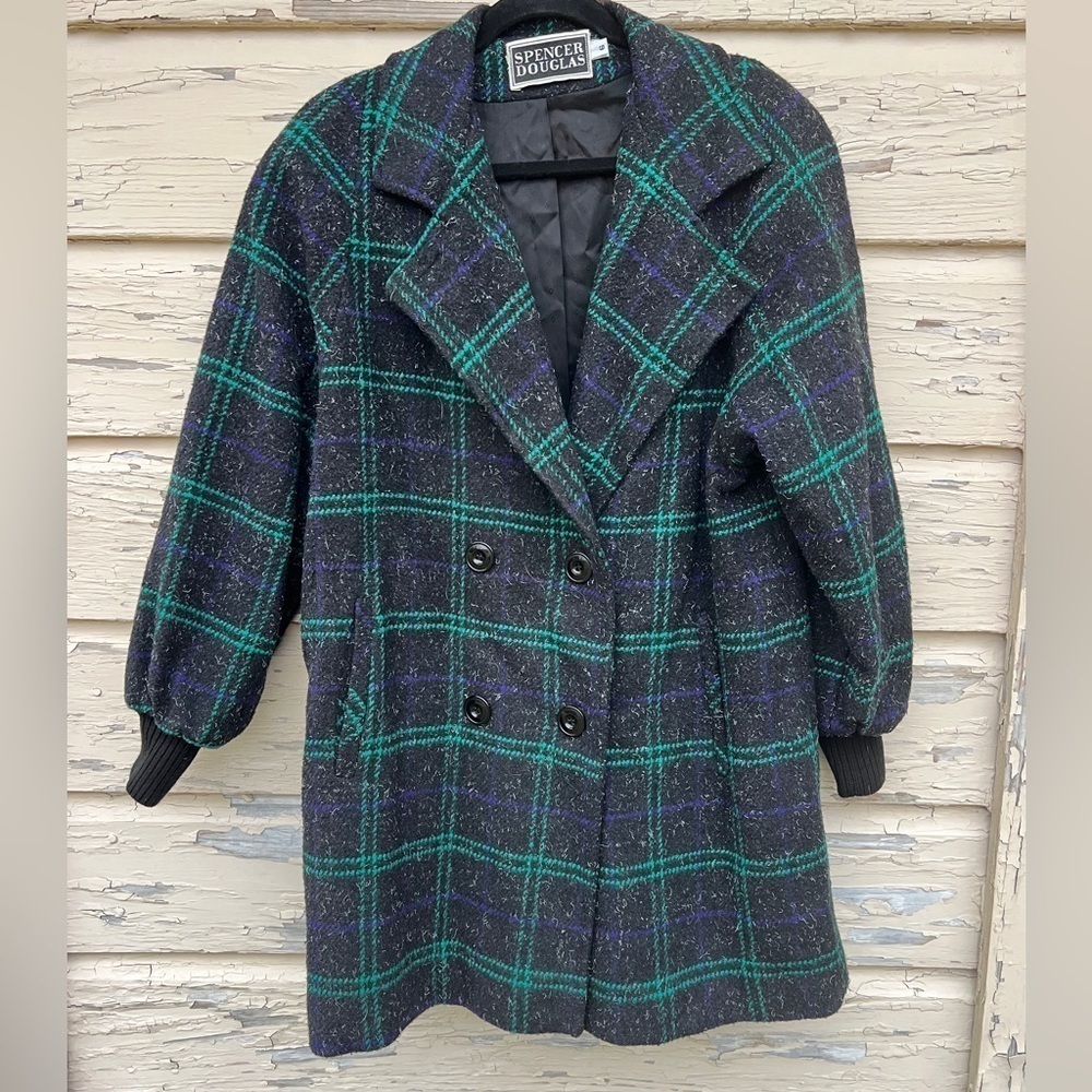 Vintage 80s 1980s Spencer Douglas Windowpane Plaid Double-Breasted Wool Peacoat